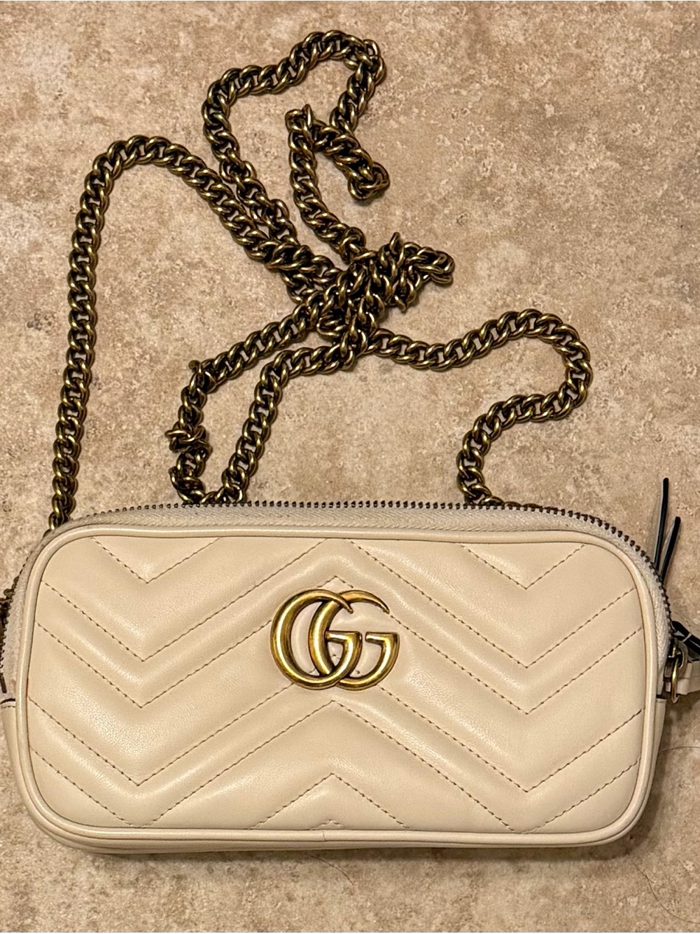 Authentic Gucci Cream Triple Zip GG Marmont Crossbody with Gold Chain